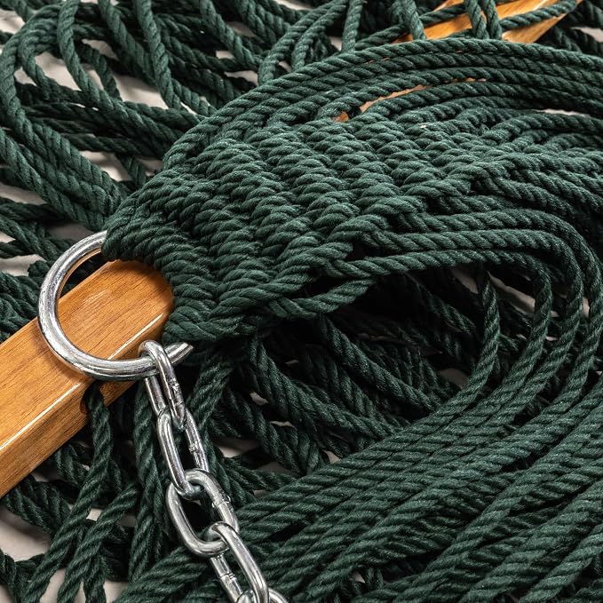 Original Pawleys Island Deluxe Green DuraCord Rope Hammock – 13 ft. x 60 in., 2-Person, 450 lb Capacity, Oak Spreader Bar, Zinc-Plated Hardware, Handcrafted in the USA