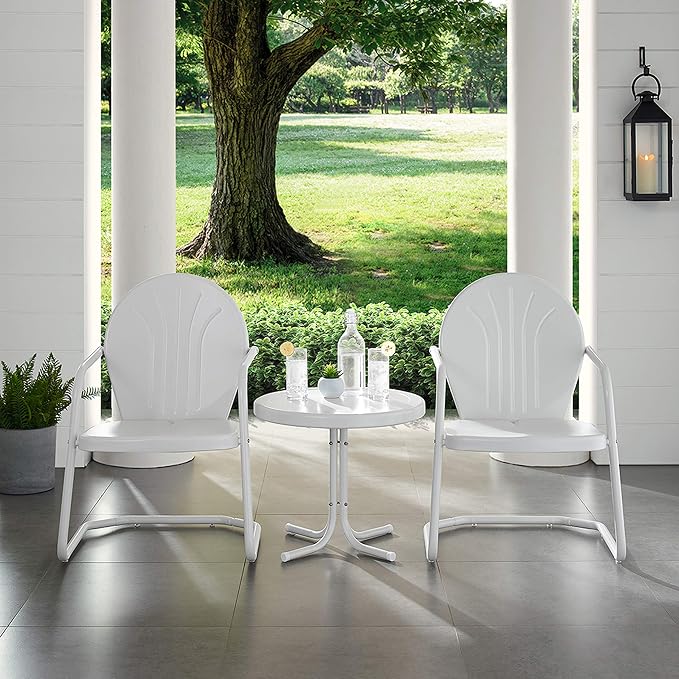 Crosley Furniture Griffith 3-Piece Outdoor Chair and Side Table Set, Retro Metal Bistro Patio Sets for Porch, White