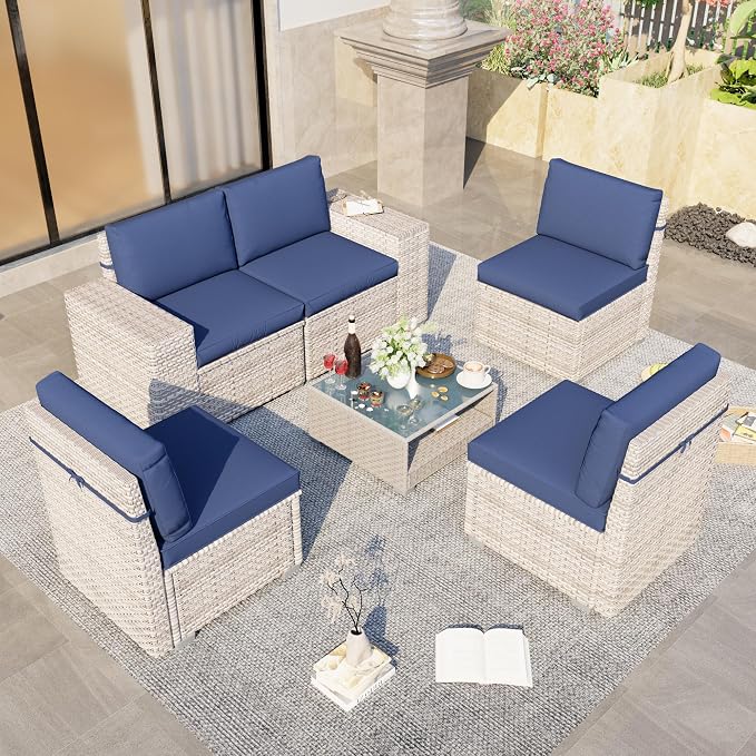 6-Piece Patio Furniture Set, Outdoor Extra Wide Armrest Modular Patio Sofa, Dual-Strand Rattan Wicker, Rust-Resistant Frame, Backyard High Back, Large Seat Furniture for Porch Garden Balcony, Blue