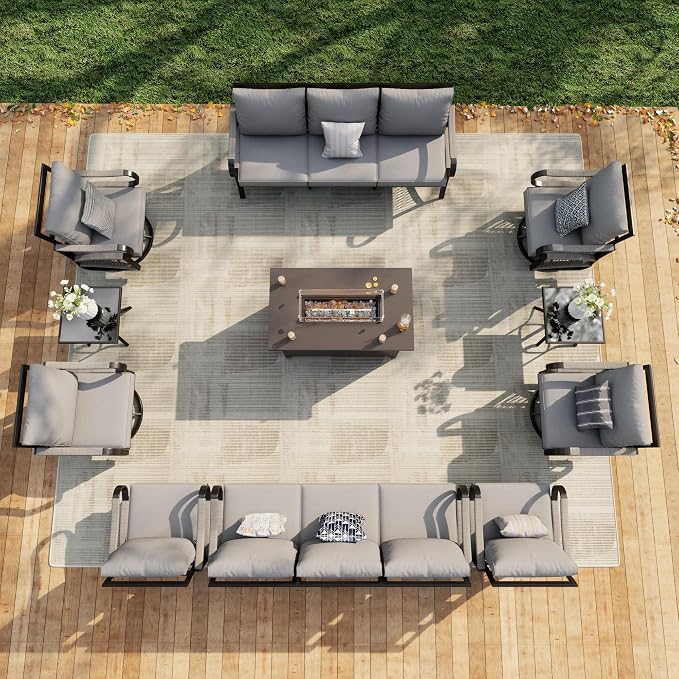 11 Pieces Patio Conversation Sets, All Weather Metal Outdoor Furniture Set 2 Three-Seater 2 Single Chairs 4 Swivel Rockers with 2 Side Tables and Fire Pit Table for Backyard Deck Porch, Gray