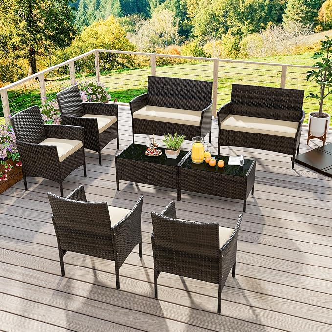 KOTEK 8 Piece Patio Furniture Set, Outdoor Rattan Conversation Set with Loveseat, Wicker Chairs, Tempered Glass Coffee Table, Wicker Patio Set for Backyard, Porch (Beige)