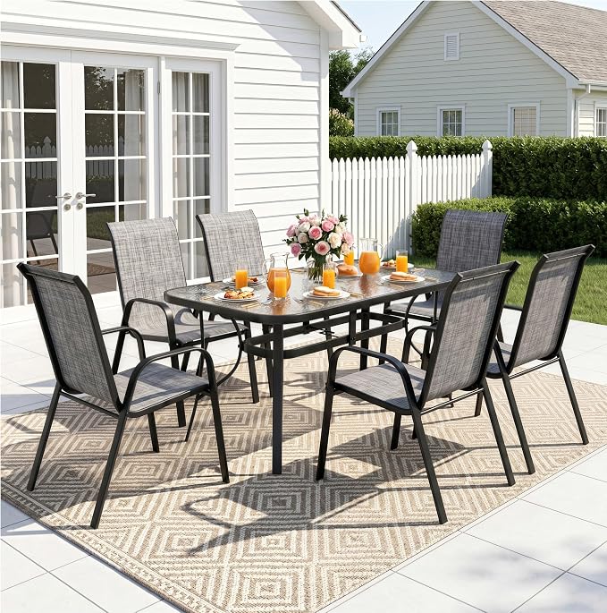 MAMIZO 7 Pieces Patio Dining Set for 6, Outdoor Table and Chairs w/Rectangle Glass Table and 6 Textilene Stackable Chairs, Patio Furniture Set w/1.69" Umbrella Hole (Black Table & Grey Chair)