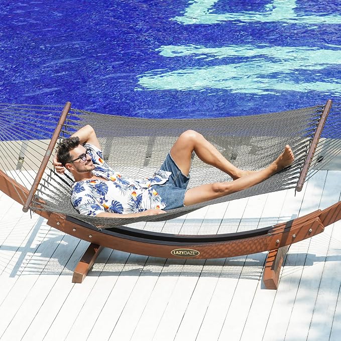Lazy Daze Hammocks 10.5 FT Double 2 Person Caribbean Rope Hammock, Hand Woven Polyester Hammock with Spreader Bars, for Outside Outdoor Backyard Patio Poolside, 450 LBS Capacity, Gray