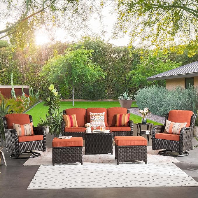 ovios 7 Pieces Patio Furniture Set with Swivel Rocking Chairs, Outdoor Wicker Sofa Couch Glass Coffee Table, All Weather High Back Modern Conversation Set, Brown Rattan, Orange Red