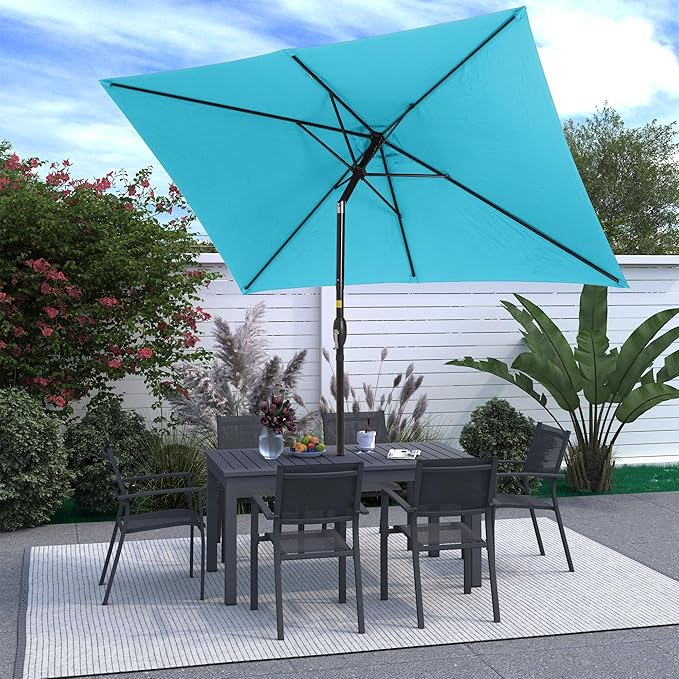 FansaFurn 6.5 x 10 Ft Rectangular Patio Umbrella Aluminum Pole, Outdoor Table Market Umbrella with Crank, 6 Steel Ribs, Polyester Canopy.EU03