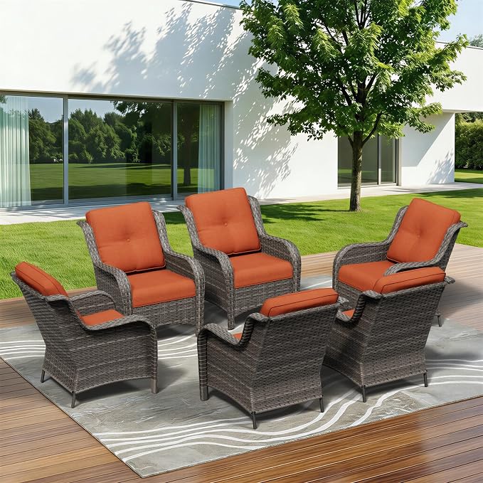 6 Piece Outdoor Wicker Patio Furniture Set, Patio Chairs Set with Thickened Olefin Cushions, High Back and Deep Seating, Hand-Woven PE Rattan for Porch, Deck