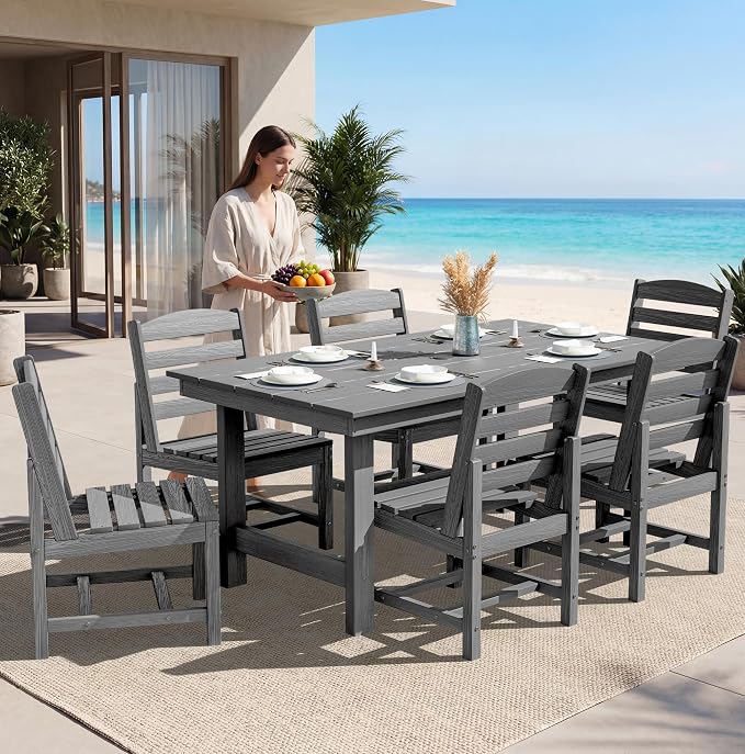 SERWALL 7-Pc HDPE Patio Dining Set, 1 Table & 6 Armless Chairs, Gray | HDPE Outdoor Dining Set with Rectangular Table & 6 Armless Chairs, All-Weather Resistant SERWALL Dining Set for 6