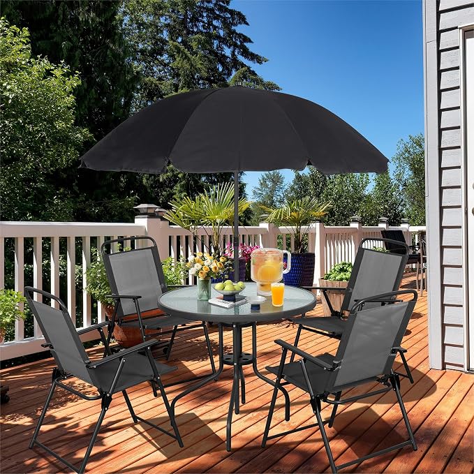 Vongrasig 6 Piece Folding Patio Dining Set,Small Metal Outdoor Garden Patio Table and Chair Set w/Umbrella for Lawn,Deck,Backyard,Black