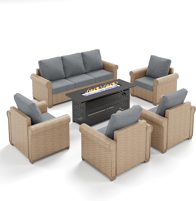 MIXPATIO Patio Furniture Set 6 pcs, Wicker Outdoor Patio Furniture, 3-Seat Sofa, 4 Single Chairs and 56" Gas Fire Pit Table, Rattan Patio Conversation Set for Backyard Deck, Grey