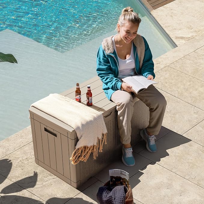 Flamaker Outdoor Storage Box 100 Gallon Waterproof Resin Deck Box Delivery Box with Air Rod Indoor Outdoor Lockable Storage Bench for Patio Cushions, Tools, Pool Accessories (Brown)