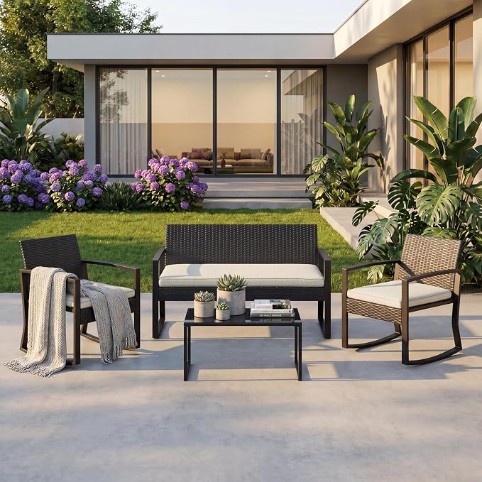 IDEALHOUSE 4 Piece Outside Patio Furniture Set, Outdoor Wicker Rocking Chair Conversation Set with Glass Coffee Table, PE Rattan Patio Furniture for Backyard, Porch, Patio, Poolside