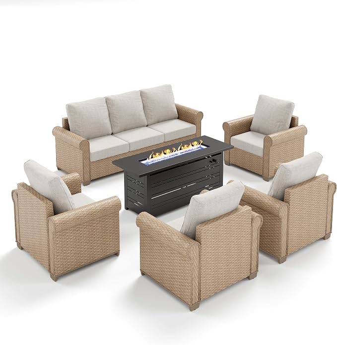 MIXPATIO Patio Furniture Set 6 pcs, Wicker Outdoor Patio Furniture, 3-Seat Sofa, 4 Single Chairs and 56" Gas Fire Pit Table, Rattan Patio Conversation Set for Backyard Deck, Beige