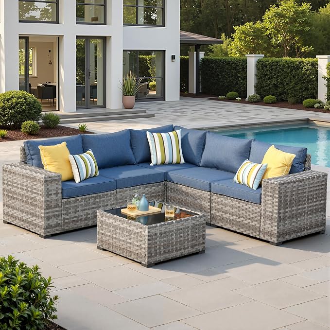 6 Pieces Patio Furniture Set, Outdoor Wicker Sectional Sofa with 7.7" Extra Wide Armrests, Modern Rattan Modular Conversation Set with Thickened Deep Seat Cushions for Garden Backyard, Denim Blue