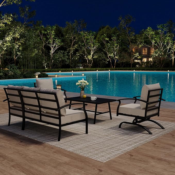 Kurapika Metal Patio Furniture Set 5-Seat Modern Metal Bistro Set Outdoor Conversation Sets, 2 Piece Patio Rocker Chairs with Thick Cushion and Coffee Table for Garden Backyard Deck Lawn, Sand