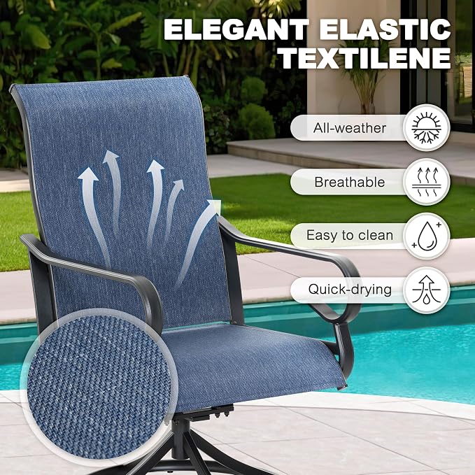 NUU GARDEN 7-Piece Patio Dining Set for 6, Textilene Swivel Chairs | All-weather blue patio furniture set for 6. Breathable textilene swivel rockers. Large table with umbrella hole