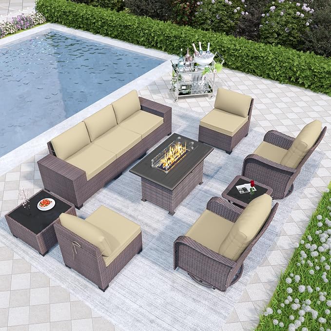Patio Furniture Set 10 Pieces Outdoor Furniture Patio Conversation Set w/43in 55000 BTU Propane Fire Pit Table,PE Rattan Wicker 10 Pcs Outdoor Sofa Set w/Swivel Rocking Chairs,Sand