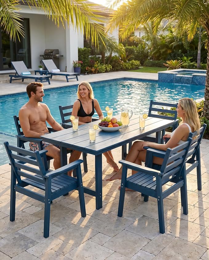 7 Piece HDPE Outdoor Dining Set for 6, Patio Dining Furniture Set with 2” Umbrella Hole, Weather Resistant Outdoor Table and Chairs for Garden, Poolside, Backyard, Deck