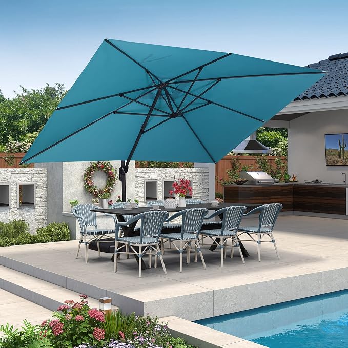 PURPLE LEAF 9 Pieces Outdoor Dining Set Patio Furniture Set with Large Aluminum Table and French Wicker Chairs for Garden Backyard Light Blue Patio Dining Set