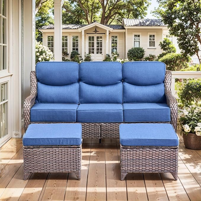 HUMMUH Luxury Patio Furniture Set 6-inch Thick Cushions High Back Swivel Rocker Chairs & 3 Seater-Couch & Steel Fire Pit Table 11 Pieces Outdoor Conversation Set for Porch,Deck,Backyard