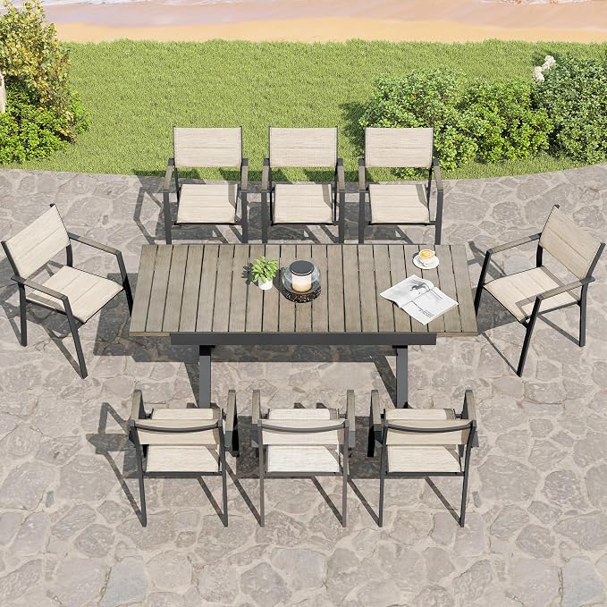 Outdoor Dining Set, 9 Piece Expandable Patio Dining Table and Textilene Chairs Set, Aluminum Patio Furniture Set for Table with Umbrella Hole and 8 Chairs for Patio, Garden, Lawn, Deck(Grey)