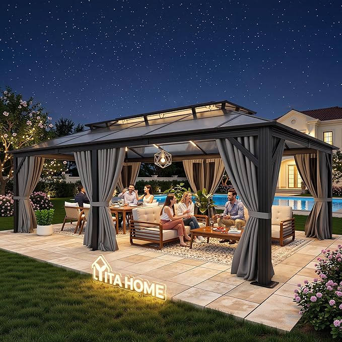 YITAHOME 12x20FT Gazebo Polycarbonate Hardtop Double Roof Canopy Outdoor with Netting and Shaded Curtains, Metal Frame Garden Tent for Patio, Backyard, Deck and Lawns, Grey