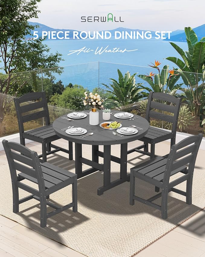 SERWALL 6-Piece Patio Dining Sets, HDPE Outdoor Table and Chairs Furniture Set with Umbrella, 45" Round Dining Table & 4 Armless Dining Chairs & 1 9FT Umbrella, Gray(Not Include Umbrella Base)
