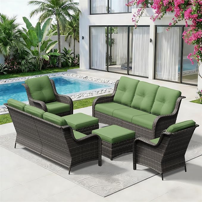 6 Piece Outdoor Wicker Patio Furniture Set, Patio Chairs Set with Thickened Olefin Cushions, High Back and Deep Seating, Hand-Woven PE Rattan, Ottoman for Porch, Deck