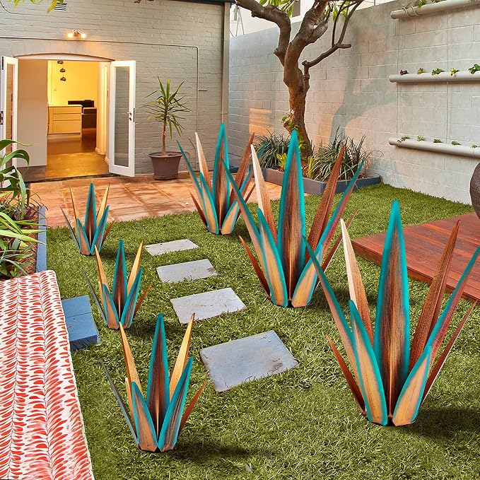 KODIBO 24" Metal Agave Plant Outdoor Decor, Large Garden Sculpture, Blue | Rust-Resistant Finish, Hand-Painted Metal, Tequila Rustic Sculpture, Desert Steel Yard Art, Southwestern Outdoor Garden Decor
