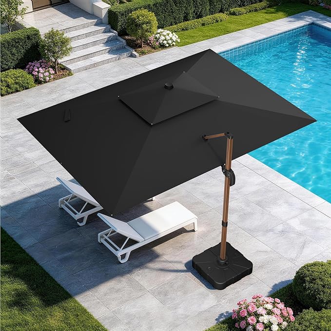 GENTEACO 10x13FT Rectangle Cantilever Patio Umbrella w/Base Included, Deluxe Wood Pattern Pole & 7 Angle Tilts, 360° Rotation, Offset Hanging Market Umbrellas for Garden Pool Patio, Black