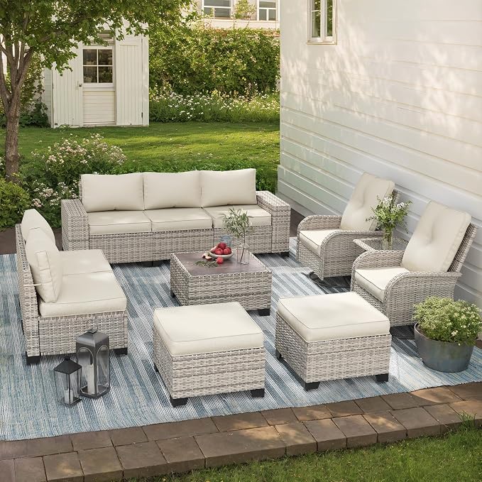 11-Piece Outdoor Patio Furniture Set with Rocking Swivel Chair Wicker Sectional Sofa Set, Patio Conversation Set with Ottomans & Coffee Table for Garden, Backyard, Poolside, White