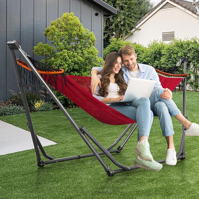 Goutime Collapsible Hammock Stand with Carry Bag, 550lbs,Portable,Red | 3 level adjustable up to 10ft, double layer hammock net, fits indoor, yard, camping, and outdoor use