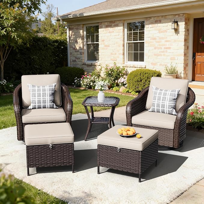 5 PCS Outdoor Conversation Set | 2 Swivel Chairs, 1 Side Table, 2 Ottomans, Patio Wicker Furniture with Removable Cushions for Bistro, Deck, Sunroom(Beige)