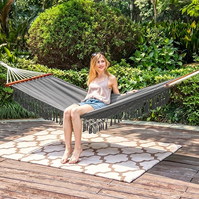Lazy Daze Hammocks Cotton Fabric Double Hammock with 55" Spreader Bar, Portable Camping Hammock with Carrying Bag & Tree Straps for Patio, Backyard, Balcony, 450lbs Capacity, Dark Gray