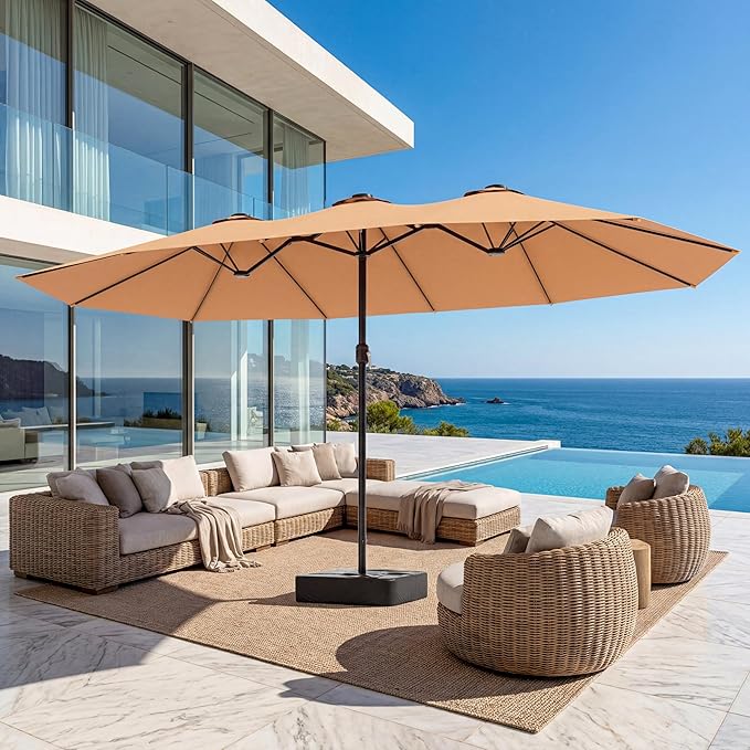 EO Living 13ft Large Patio Umbrella with Solar Lights, Double-Sided Rectangle Outdoor Umbrella with Base Included, 24 LED Lights Table Umbrella for Poolside Deck Market (Beige)