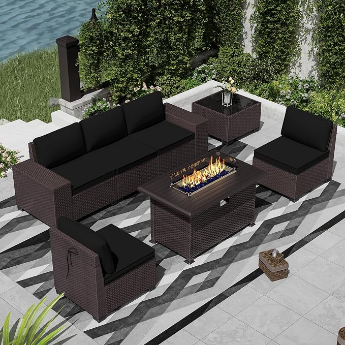 7 PCS Outdoor Patio Furniture Set,Outdoor Sectional Furniture with 43" 55000 BTU Gas Propane Fire Pit Table,All Weather PE Rattan Wicker Patio Conversation Set,Black