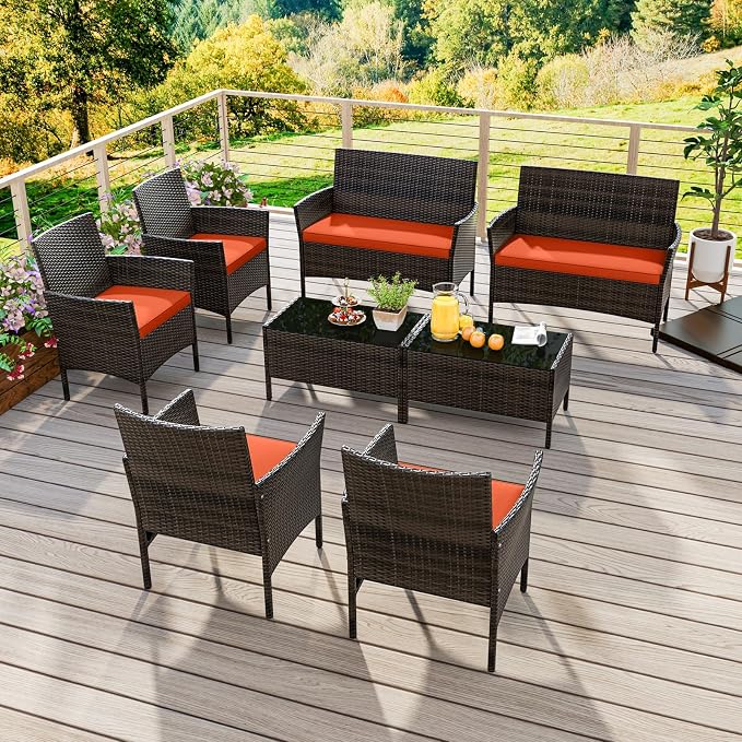 ORALNER 4 Pieces Patio Furniture Set, Rattan Chairs Loveseat with Soft Cushion and Glass Table, Outdoor Wicker Conversation Set for Balcony Garden Backyard Porch Poolside (Orange)