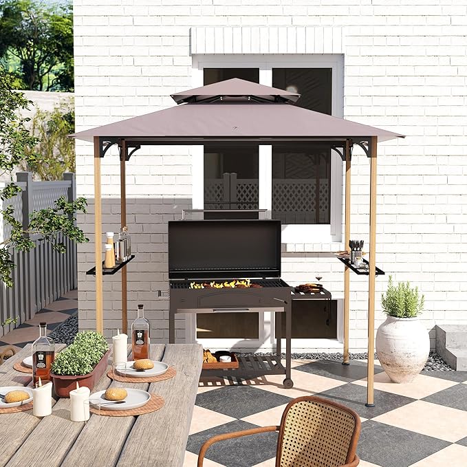 Outsunny 8' x 5' Grill Gazebo, Double Tier Outdoor BBQ Gazebo Shelter with 2 Side Shelves & 10 Hooks, UV and Water Resistant, Barbecue Grill Gazebo for Patio, Garden, Backyard, Beach