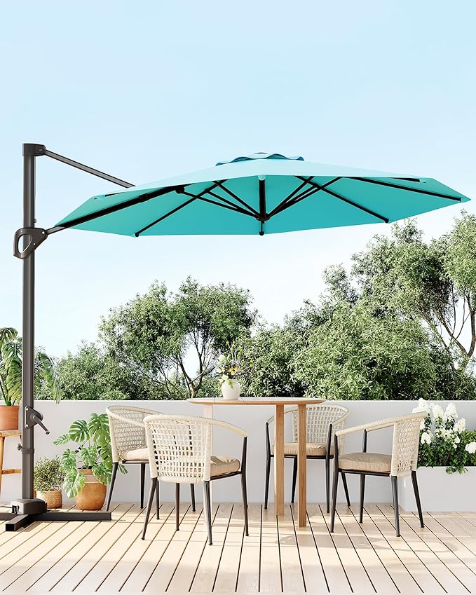 GarveeLife 10 ft Cantilever Umbrella Outdoor Patio Umbrella w/Base Included Market Offset Umbrella Sun Shade Windproof with 360-Degree Rotation for Patio Garden Deck Pool, Turquoise Blue