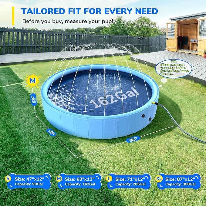 63'' Foldable Dog Pool, Sprinkler Pool for Kids, Non-Slip Heavy Duty Dogs Splash Pad for Small Dogs, Hard Plastic Kiddie Bathtubs for Backyard(2XL-162Gal)