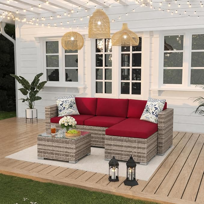 GAOMON 5 Piece Outdoor Patio Furniture Set, All-Weather PE Wicker Sectional Couch Set with Cushions and Ottomans, Outdoor Patio Conversation Set with Glass Table for Backyard, Porch, Balcony