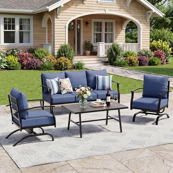 4 Piece Patio Furniture Set, Metal Outdoor Patio Furniture Set, All Weather Modern Couch Sofa with Comfortable Cushions & Coffee Table, Metal Conversation Set for Balcony, Porch, Deck (Navy)