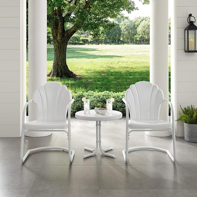 Crosley Furniture Tulip 3-Piece Outdoor Chair and Side Table Set, Retro Metal Patio Conversation Sets, White