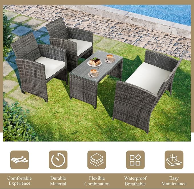 JAMFLY 4 Piece Outdoor Patio Furniture Set, Outdoor Wicker Rattan Chairs Conversation Sets with Cushions & Coffee Table for Outside, Garden, Balcony, Porch, Beige