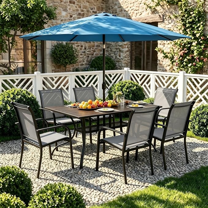 Crownland 7 Piece Patio Dining Set, Textilene Dining Sets, 6 Textilene Metal Chairs and Rectangular Outdoor Dining Table with Sky Blue 9FT Round Outdoor Umbrella (Grey)