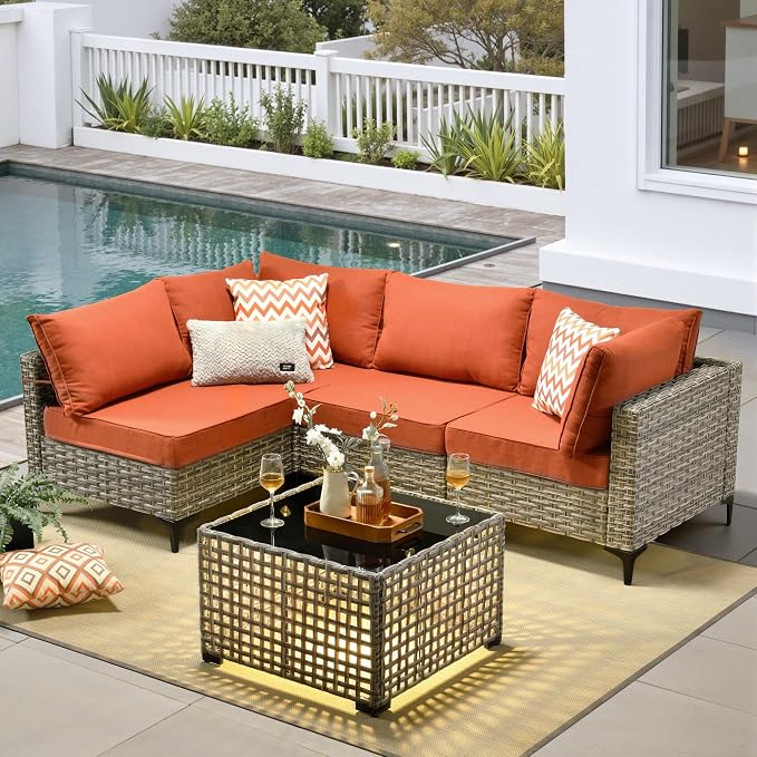 5 Pieces Patio Furniture Set with Solar Light Coffee Table, All-Weather Wicker Outdoor Sectional Conversation Sets L Shaped Sofas for Outside Porch Balcony Backyard Coarse Stripes Red
