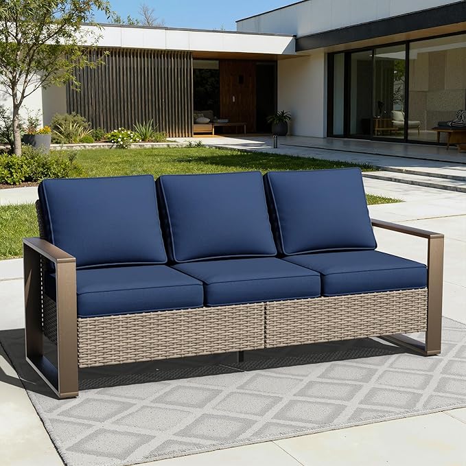 75" Patio Metal Wicker Sofa, All Weather Outdoor Rattan 3-Seat Sofa Couch with Premium Cushions & Rectangular Framed Wood-Looking Metal Armrest for Garden Backyard Porch Deck, Dark Blue