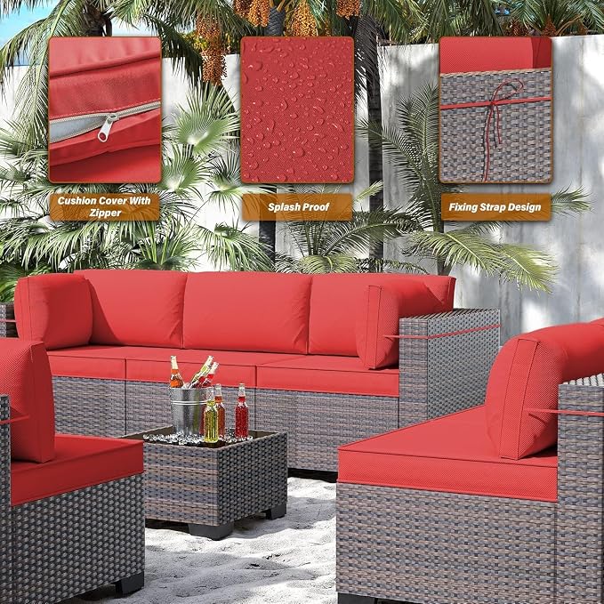 Outdoor Patio Furniture Set 14 Pieces with PE Wicker Sectional Sofa, Modular Conversation Seating, Coffee Table, Seat Clips, All Weather Outdoor Patio Sectional Set for Backyard, Deck, Garden(Blue)