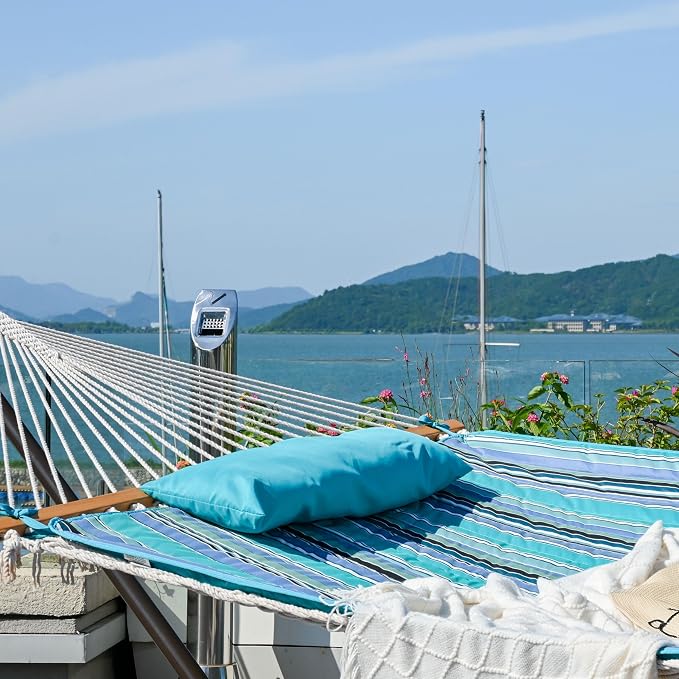 Lazy Daze Hammocks 2 Person Portable Hammock with 12FT Stand, Double Hand Woven Cotton Rope Hammock with Detachable Quilted Pad & Pillow for Outside, 450lb Capacity, Blue Stripes