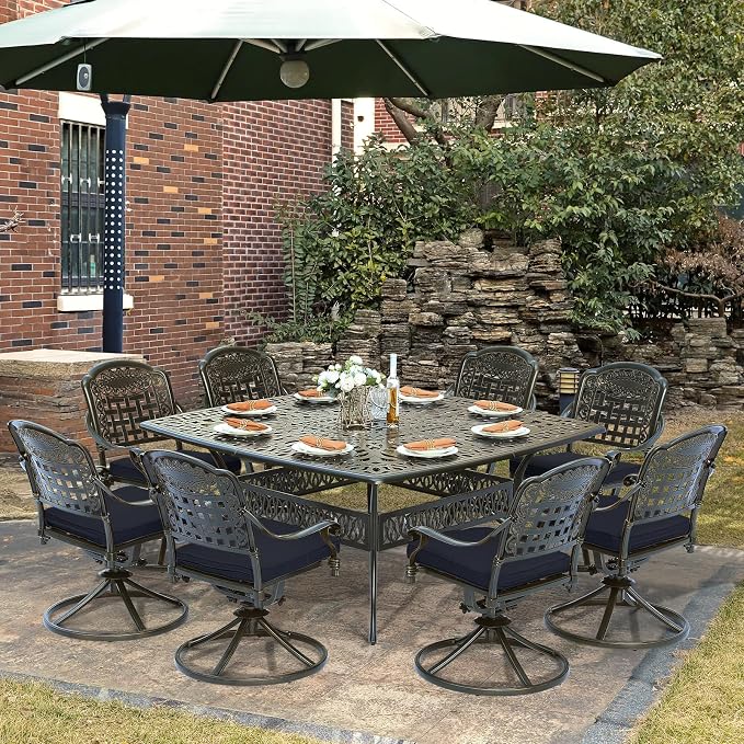 SOCIALCOMF 9-Piece Patio Cast Aluminum Dining Set, Outdoor Table and Chairs Set for 8, Includes 64" Large Square Dining Table and 8 Swivel Rocker Chairs with Umbrella Hole for Lawn Garden, Navy Blue