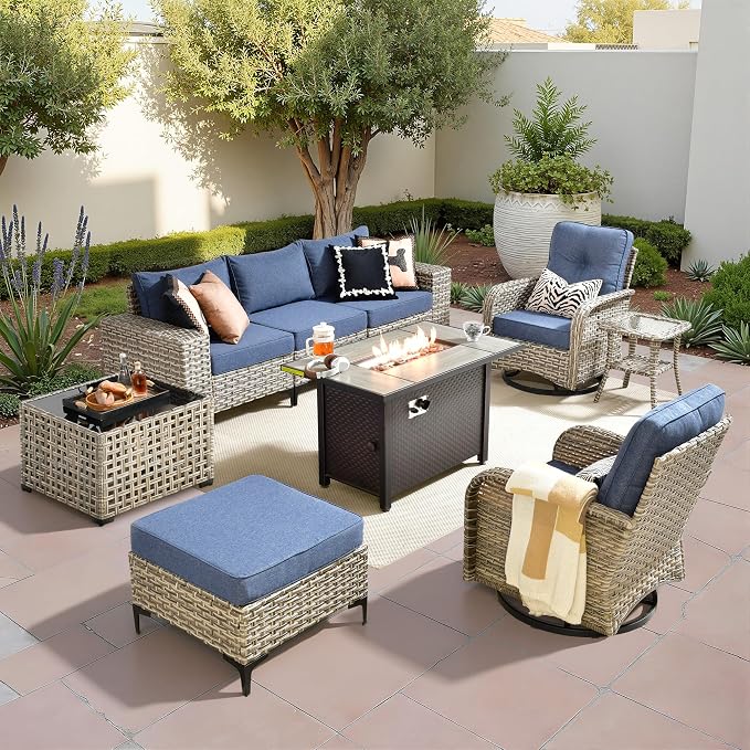 Patio Furniture Set,9 Pieces Outdoor Wicker Conversation Sets with 42 in Fire Pit Table,2 Wicker Rocking Chair & Coffee Table,Outdoor Sectional Sofa for Balcony Backyard Poolside Garden Lawn(Blue)